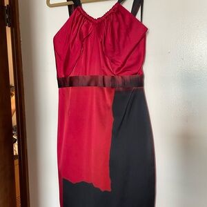Tahari Ruched Red and Black Halter Midi Dress
